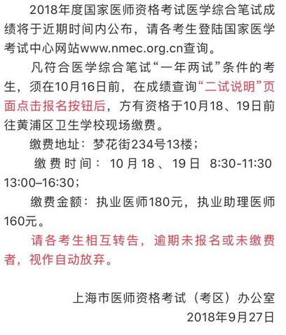 上海市2018年醫(yī)師資格考試成績查詢?nèi)肟诩岸噲竺U費(fèi)通知