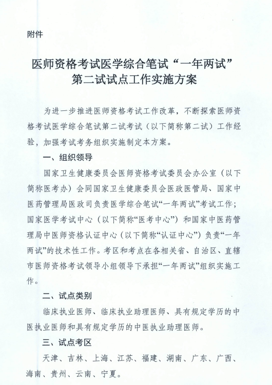 國(guó)家衛(wèi)健委關(guān)于在天津等12個(gè)考區(qū)開展“一年兩試”試點(diǎn)工作的通知！