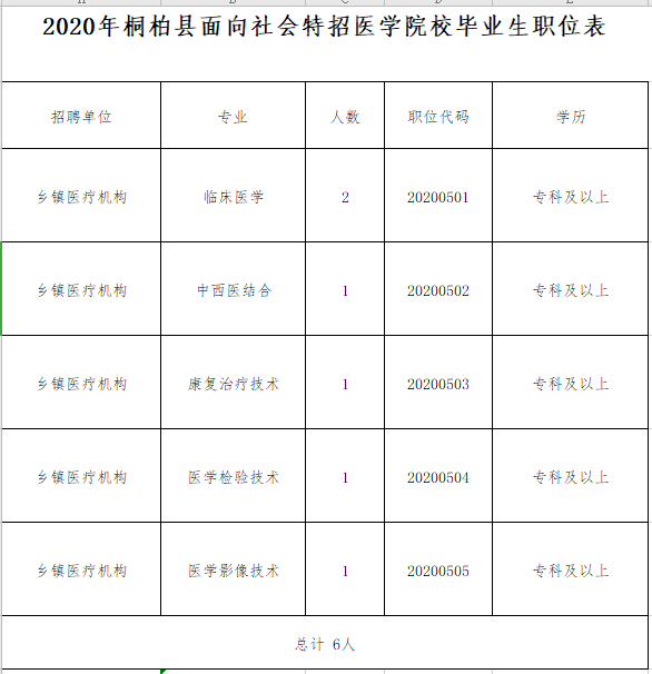 2020年河南省桐柏縣12月份醫(yī)學(xué)院校畢業(yè)生招聘崗位計(jì)劃表