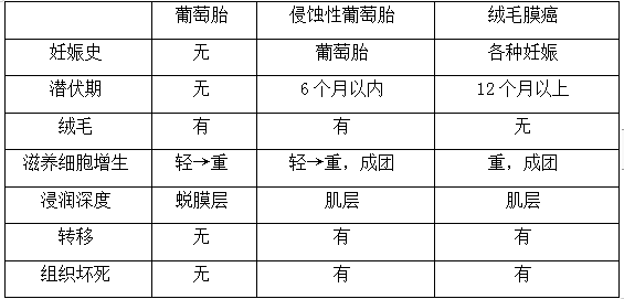 絨癌、侵蝕性葡萄胎、葡萄胎的鑒別